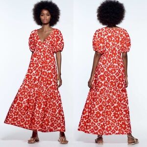 100% Cotton Zara Dress - Puff Sleeve Red and Pink Floral